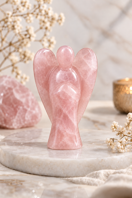 Ángel de cuarzo rosa natural tallado a mano