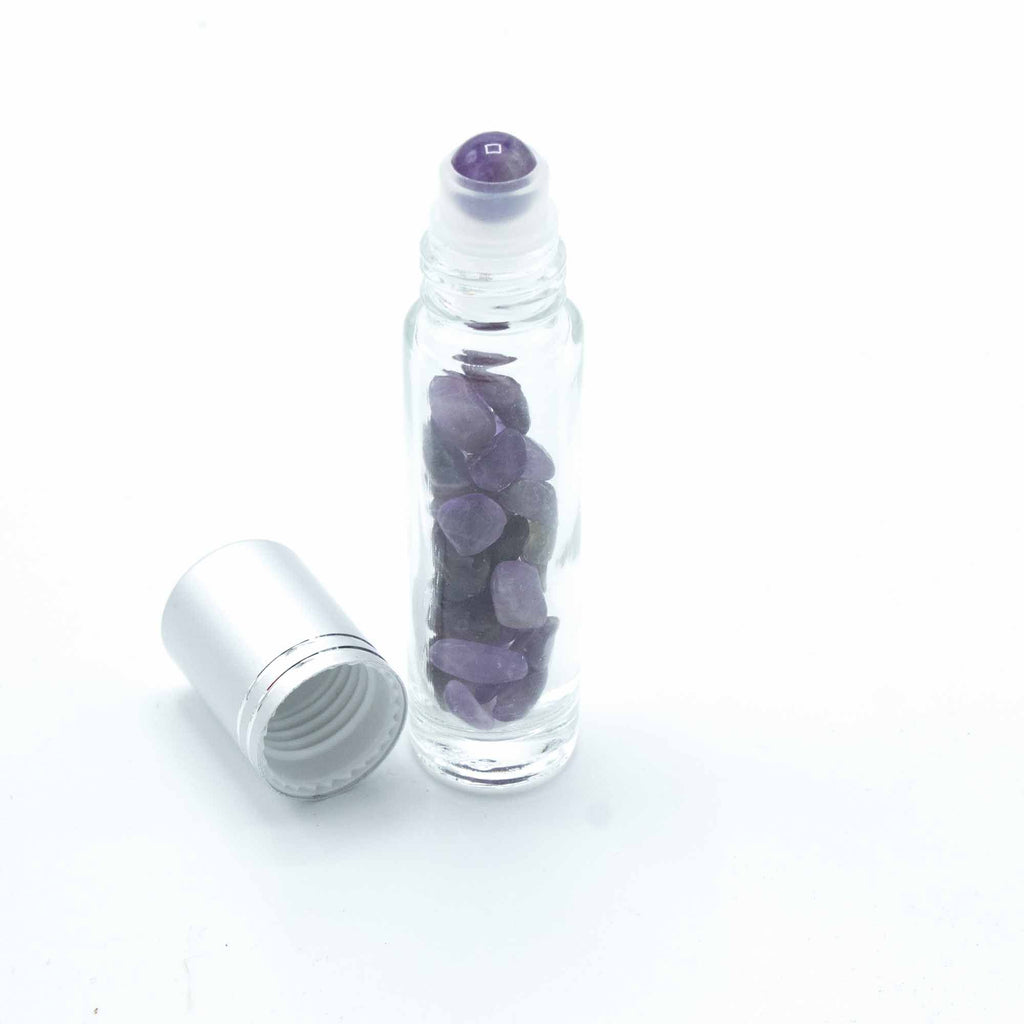 Botella de rodillo de aceite esencial de piedras preciosas - Amatista - Tapa plateada