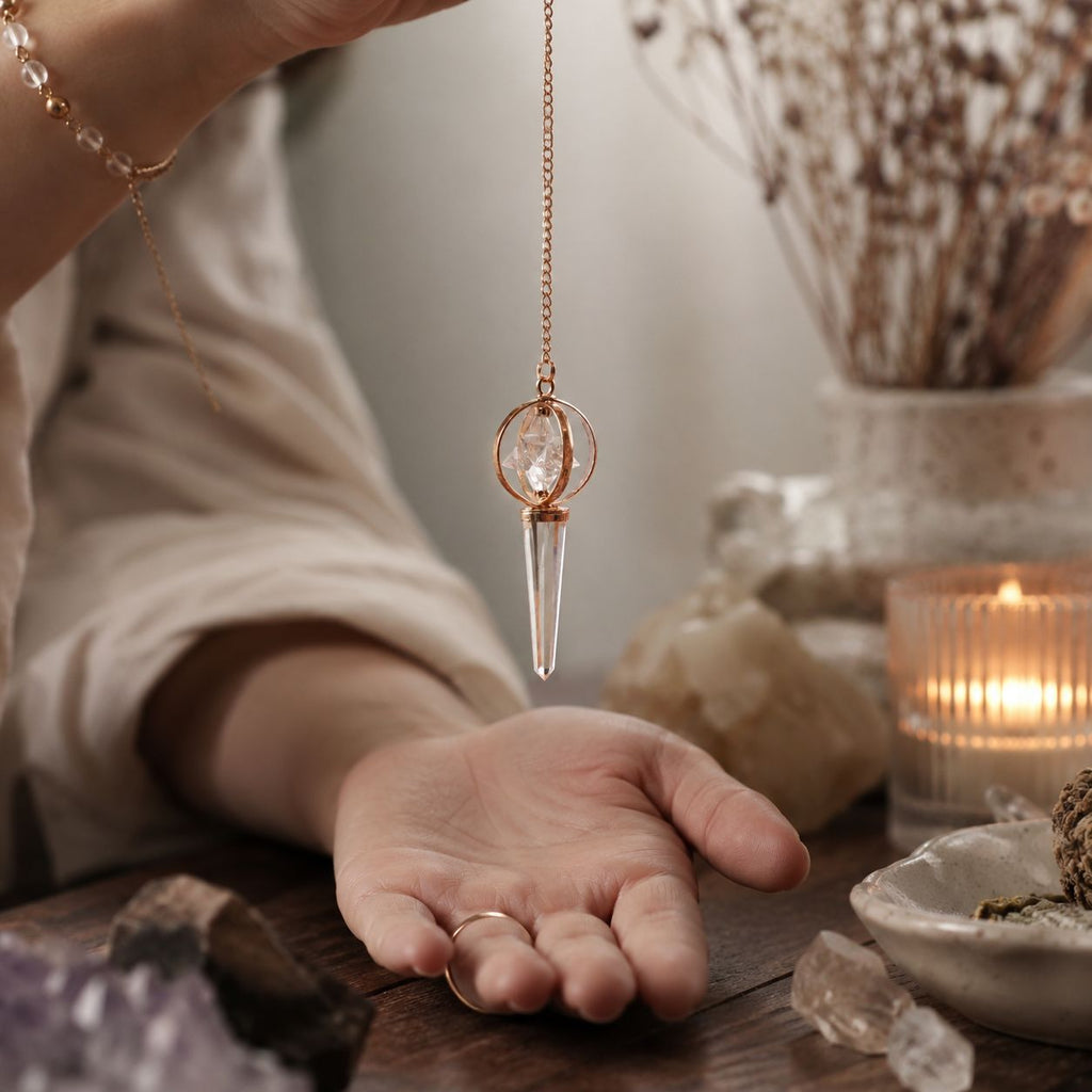 Stellar Gateway - Two-piece Spinning Merkaba Star with Copper Pendulum - Clear Quartz