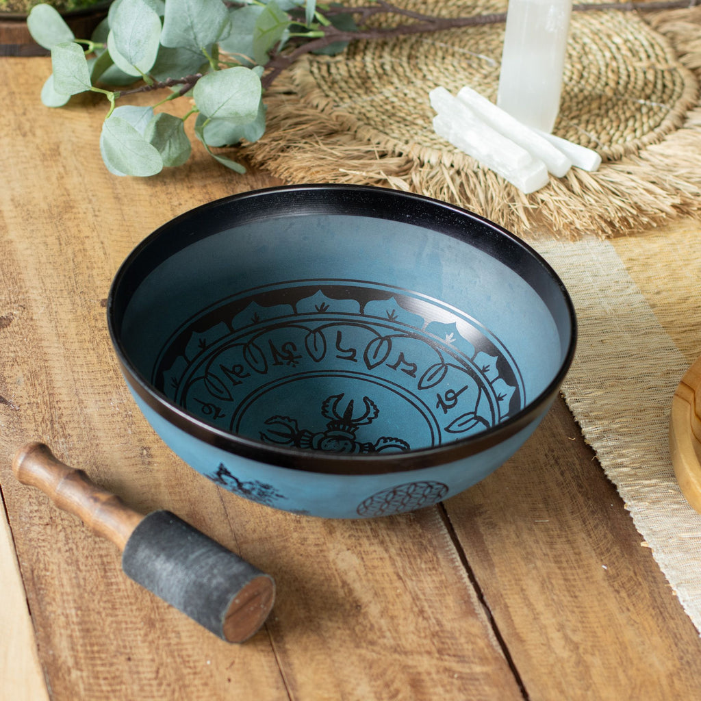 Large Aluminum Tibetan Singing Bowl - Double Dorje Tibetan Design - Blue (27 cm)