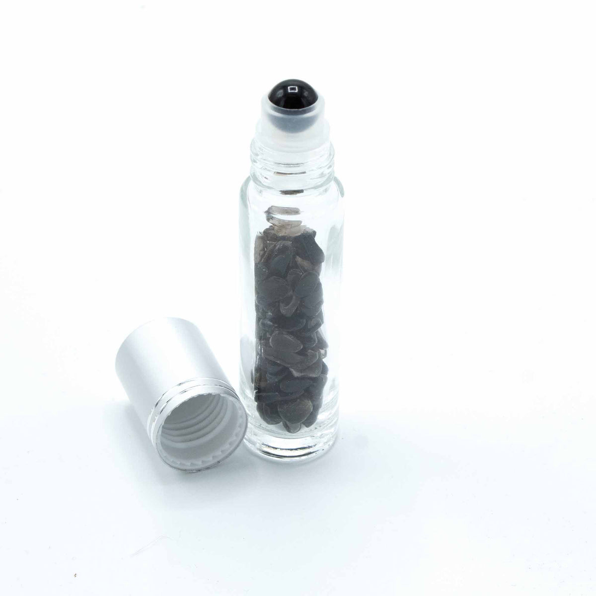 Botella de rodillo de aceite esencial de piedras preciosas - Turmalina negra - Tapa plateada