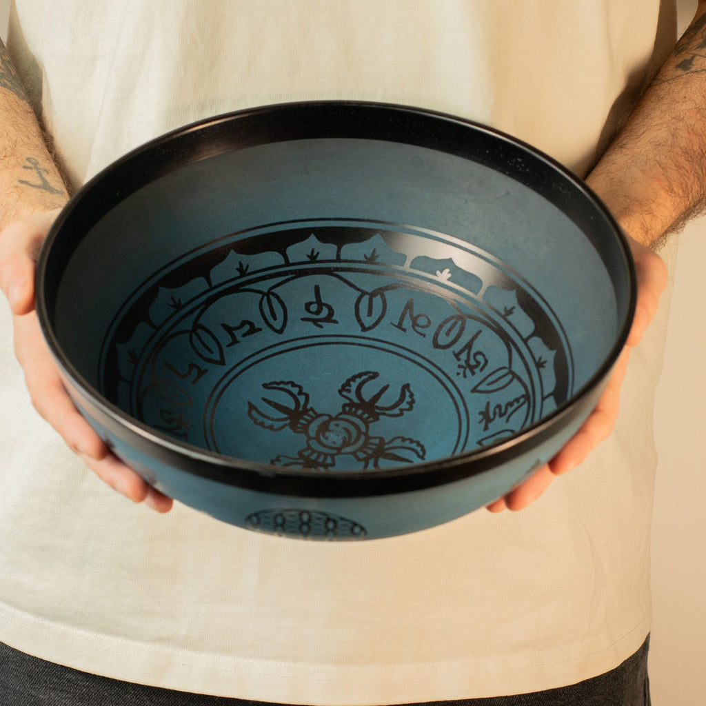 Large Aluminum Tibetan Singing Bowl - Double Dorje Tibetan Design - Blue (27 cm)