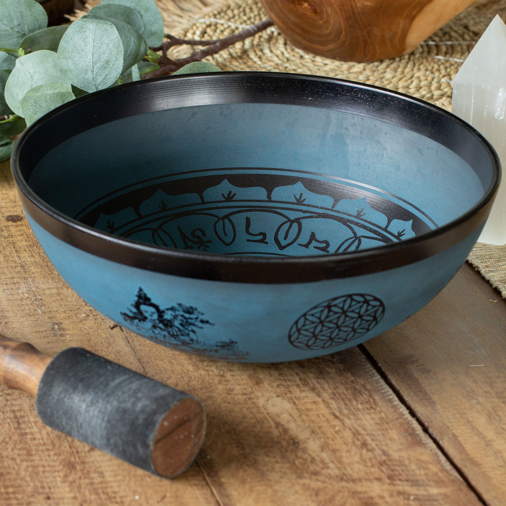Large Aluminum Tibetan Singing Bowl - Double Dorje Tibetan Design - Blue (27 cm)