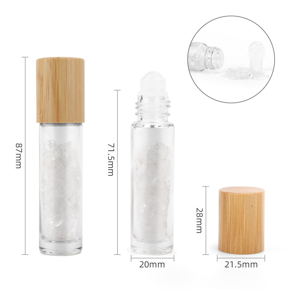 Botella de rodillo de aceite esencial de piedras preciosas - Cuarzo de roca - Tapa de madera